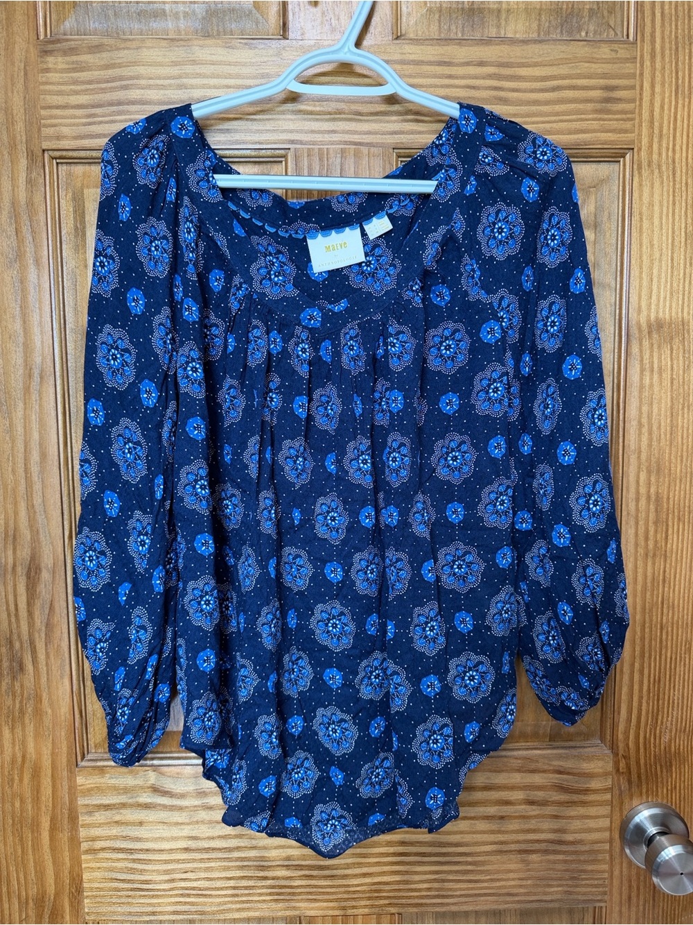 Maeve by Anthropologie Navy Blue Floral Peasant Blouse Size 4